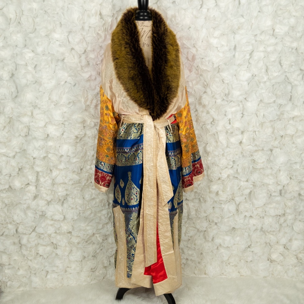 Free People Bohemian Patchwork Coat Fur Collar M/L